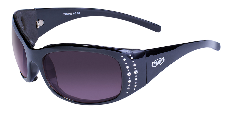 Global Vision Marilyn 24 Motorcycle Sunglasses Rhinestone Purple Frames Clear to Smoke Photochromic Lens 